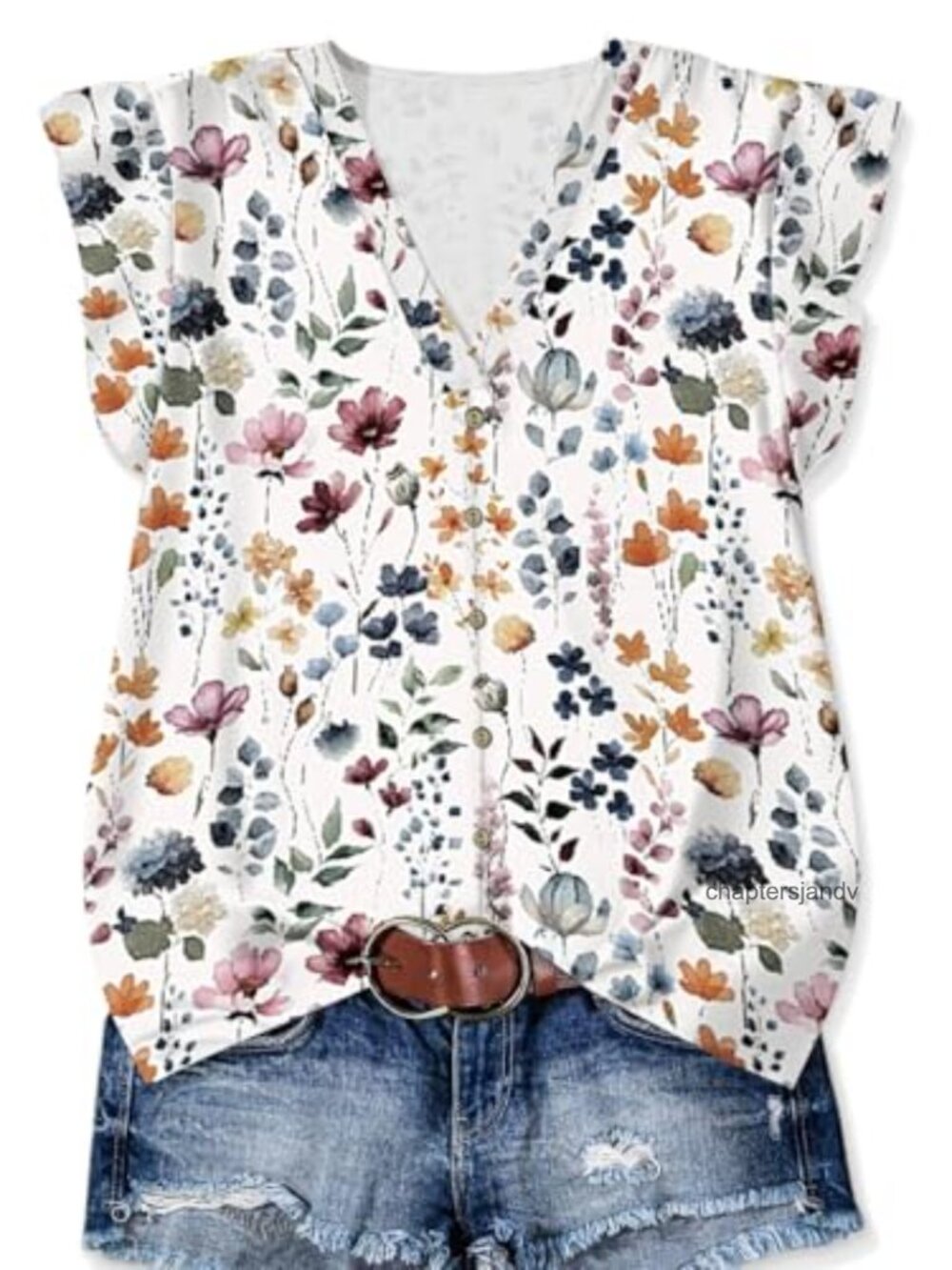 Women's Tunic Blouse V-Neck Ruffle Sleeve Floral Button Down Casual Summer Shirt